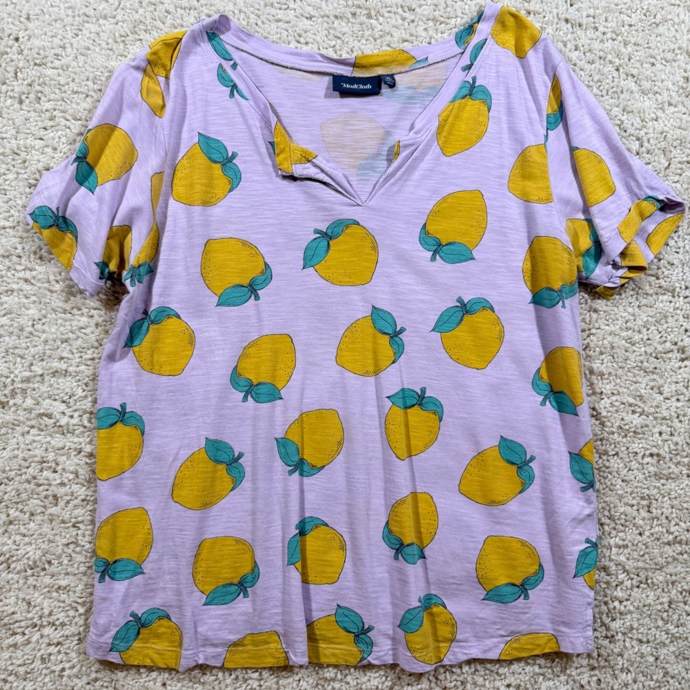 ModCloth Lavender Purple Yellow Lemon Print T-Shirt XL Fruit Cottagecore